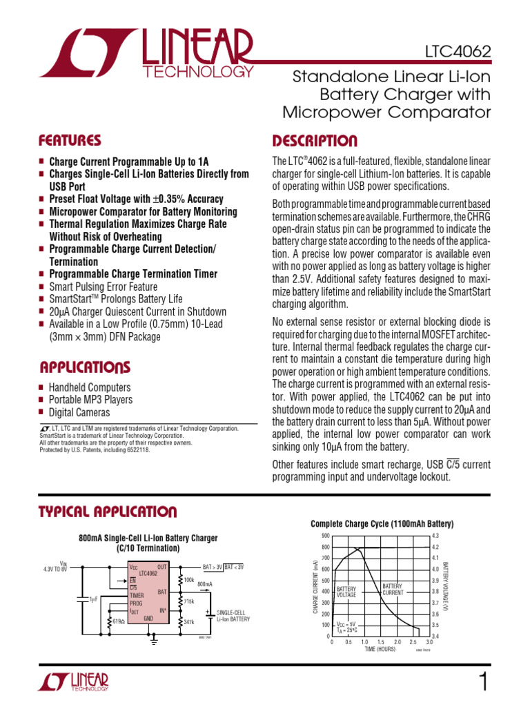 Carregador 3.7v LTC4062 | PDF | Battery Charger | Lithium Ion Battery