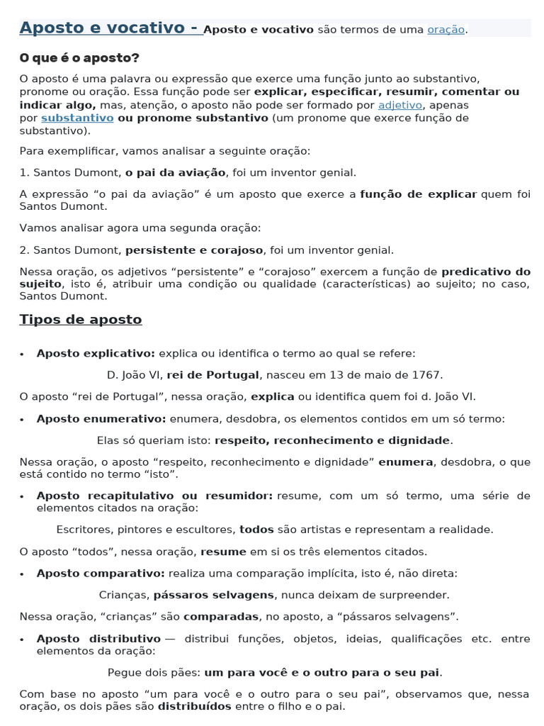 Aposto e Vocativo: Definições e Exemplos | PDF | Pronome | Assunto ...