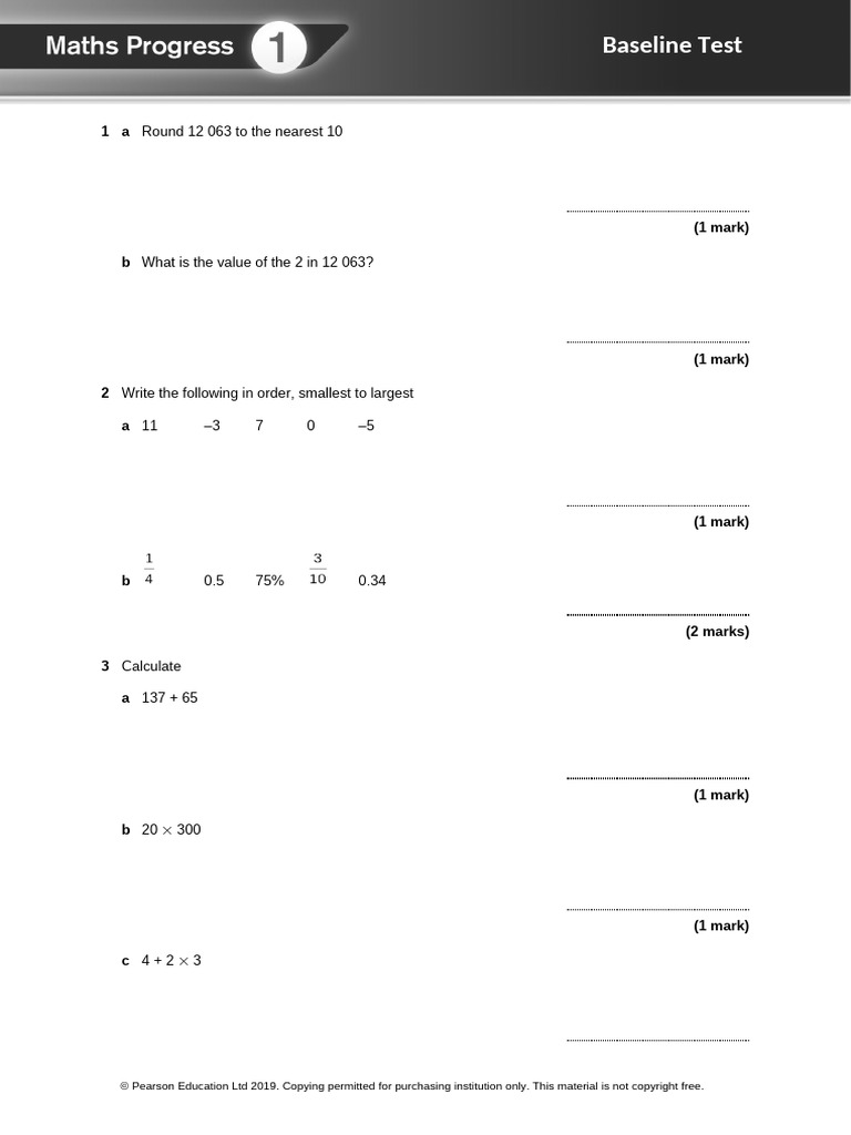 Baseline Unit Test for Mathematics Skills | PDF | Multiplication ...