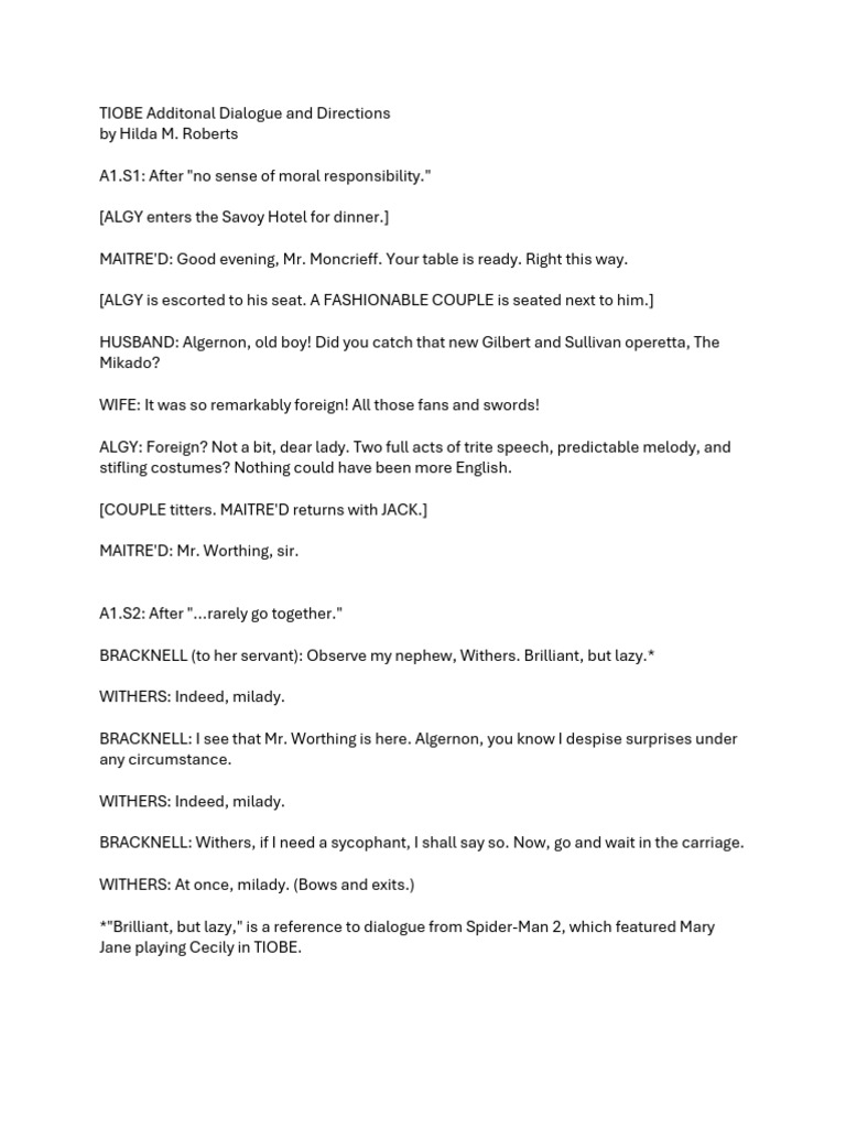 TIOBE Additonal Dialogue and Directions | PDF
