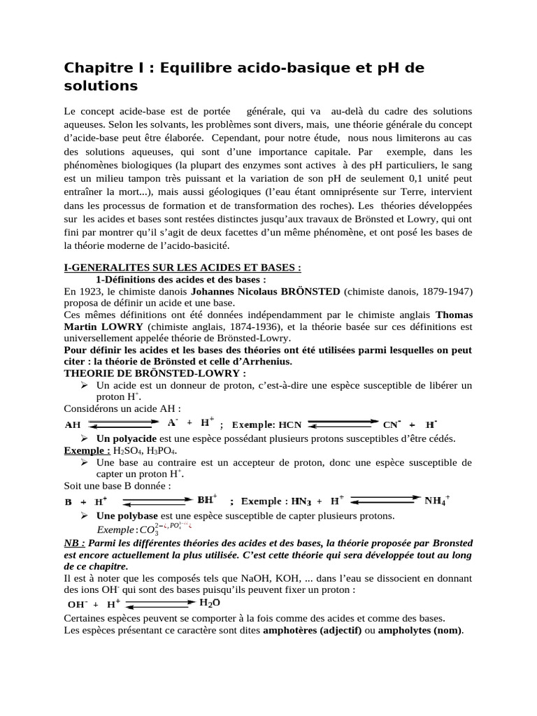 Équilibre acido-basique et pH des solutions | PDF | Acide | Ph