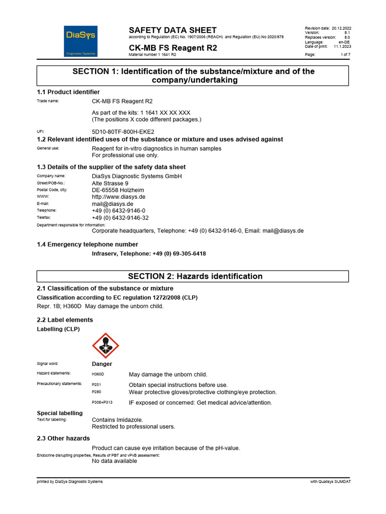 CK-MB FS Reagent R2 Safety Data Sheet | PDF | Dangerous Goods | Waste