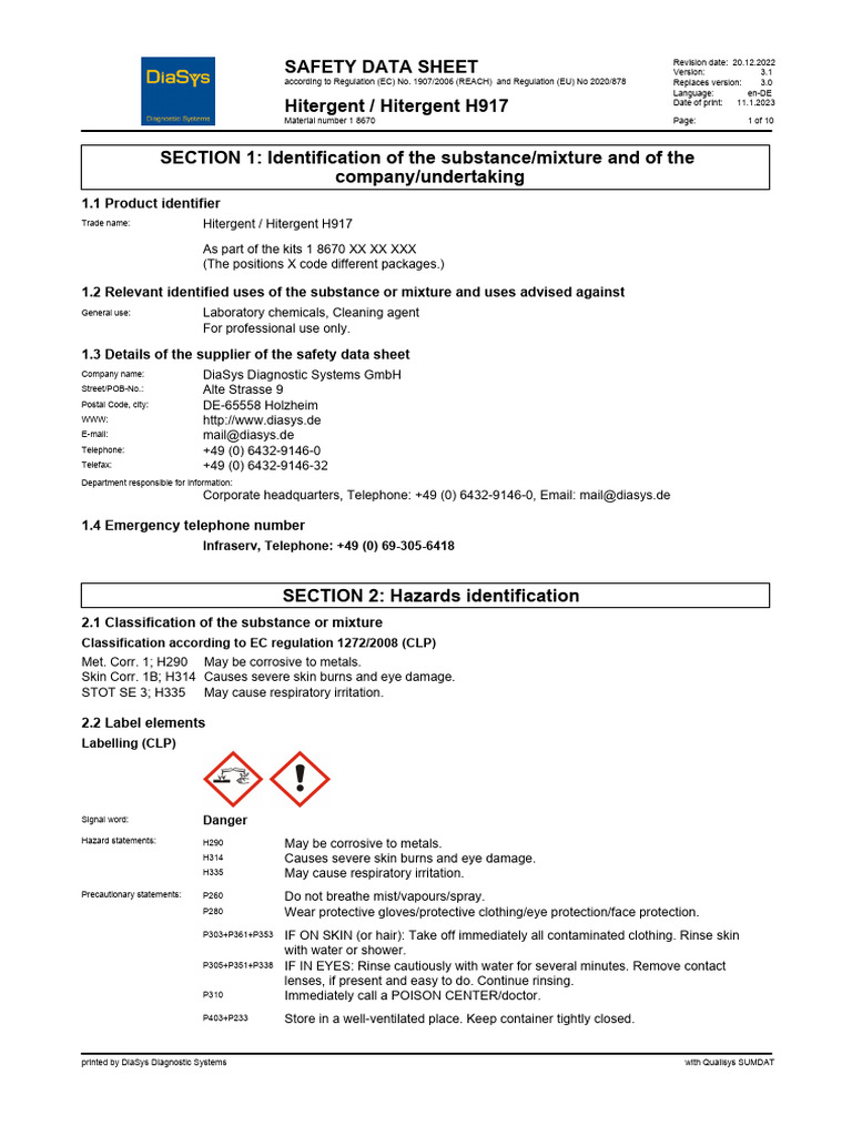 Hitergent H917 Safety Data Overview | PDF | Dangerous Goods | Toxicity