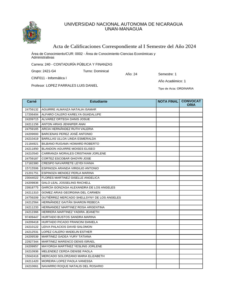 Acta de Notas Informática I 2024 | PDF