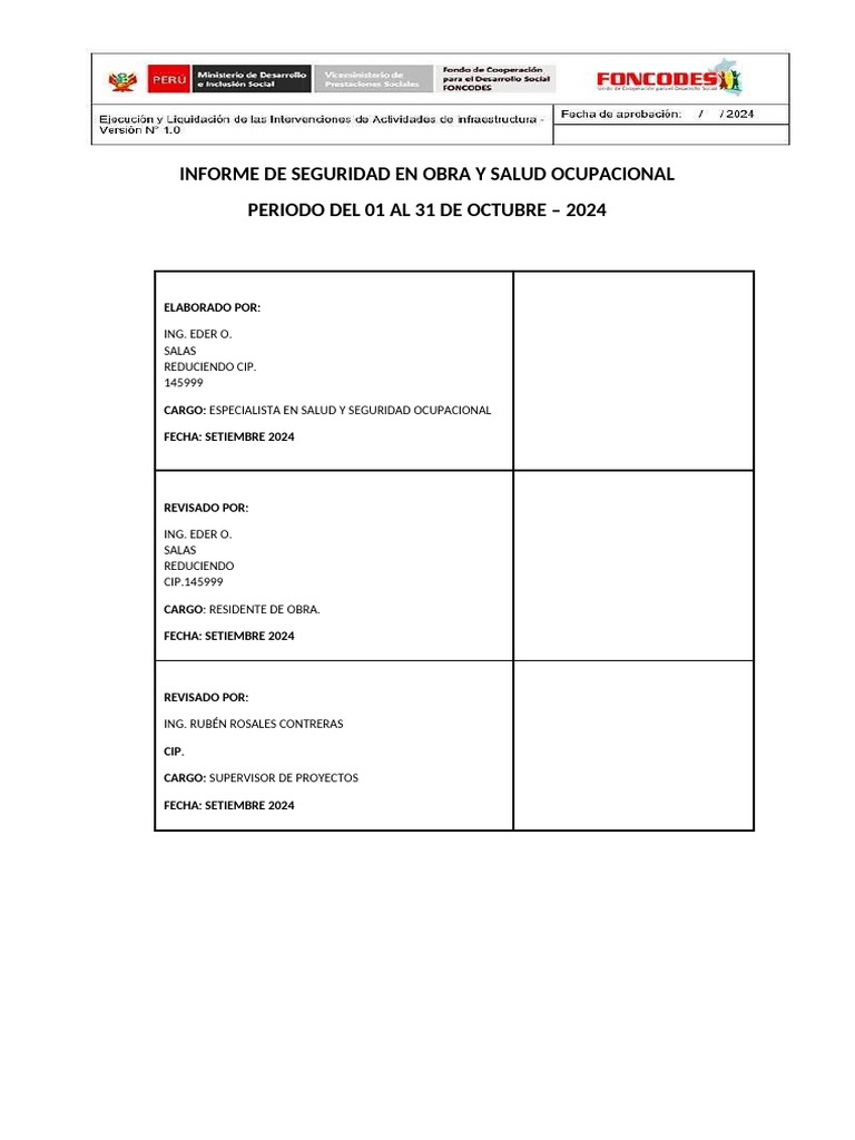 Informe de Seguridad en Obra y Salud Ocupacional Periodo Del 01 Al 31 ...