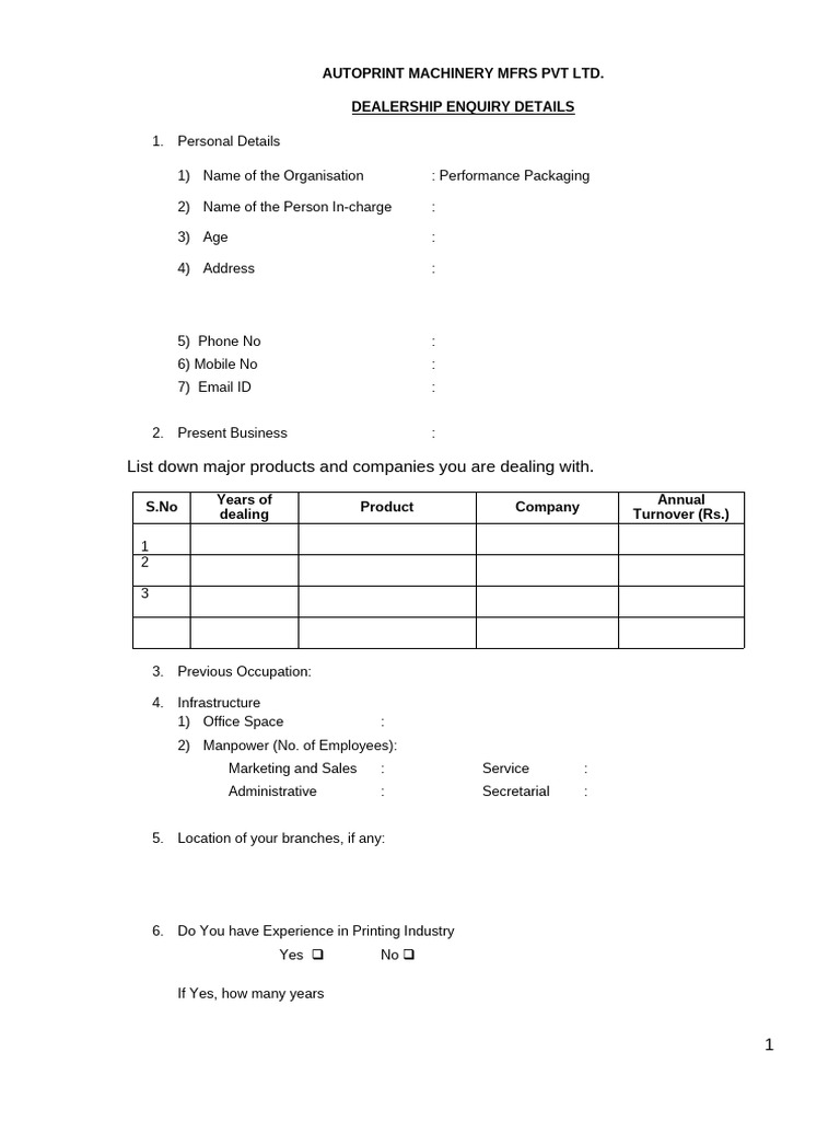 Dealership Enquiry for Autoprint Machines | PDF | Communication Design
