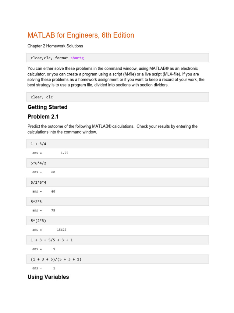 Answers To Problems For MATLAB For Engineers, 6th Edition by Moore ...
