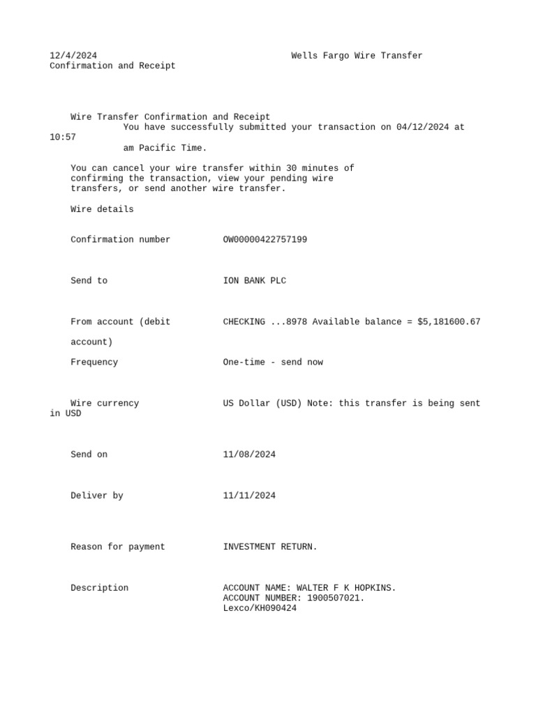 Wells Fargo Wire Transfer Receipt | PDF | Wire Transfer | Banks