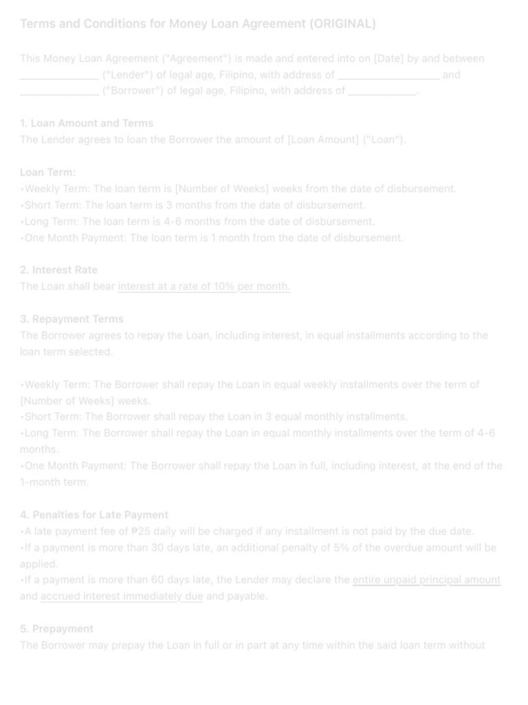 Money Loan Agreement Terms and Conditions | PDF | Loans | Interest