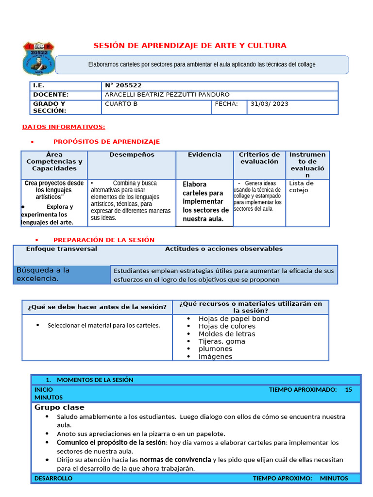 Sesion de Arte Implementacion Aula | PDF | Salón de clases | Aprendizaje
