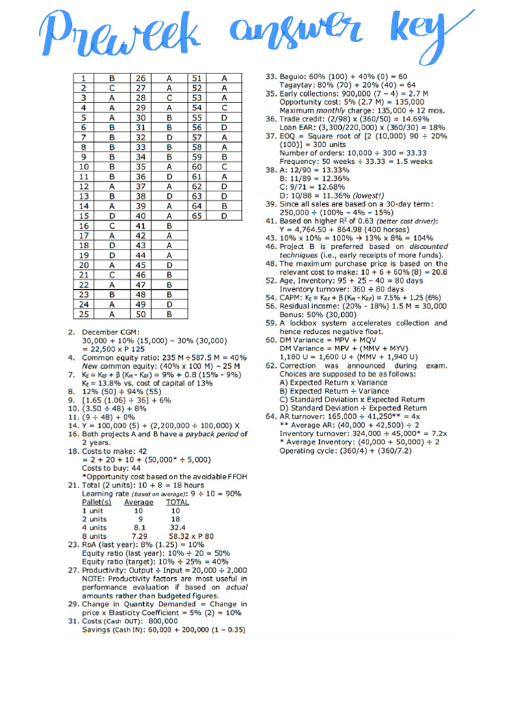 Preweek Answer Key and Solutions | PDF