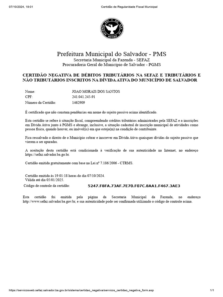 Certidão de Regularidade Fiscal Municipal | PDF