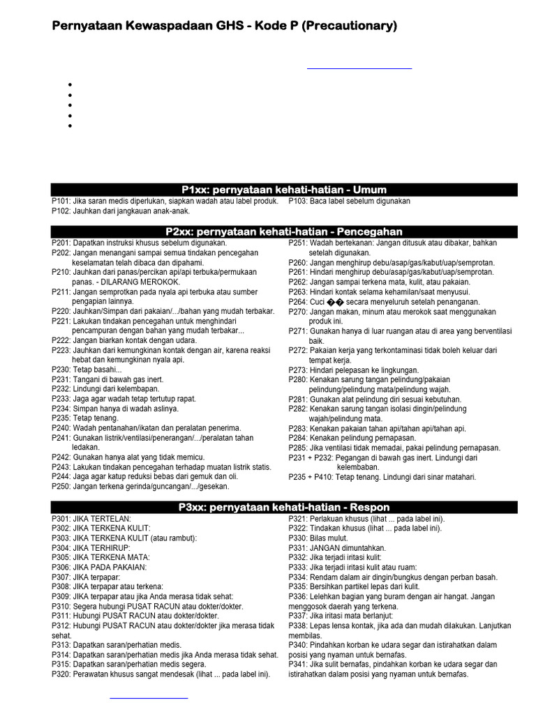 Kode P dalam Pernyataan Kehati-hatian GHS | PDF
