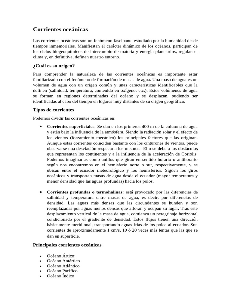 Importancia y tipos de corrientes oceánicas | PDF | Océanos | Agua