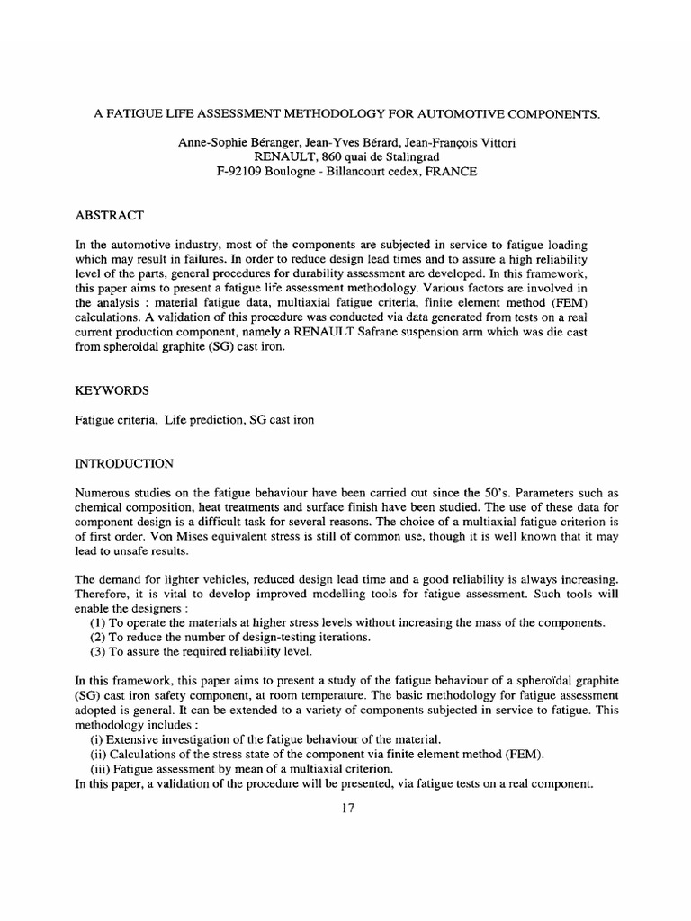 1997 A Fatigue Life Assessment Methodology For Automotive Components ...