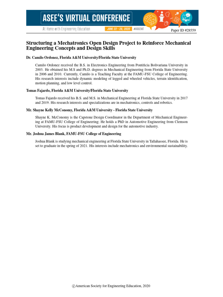 Structuring A Mechatronics Open Design Project To Reinforce Mechanical ...