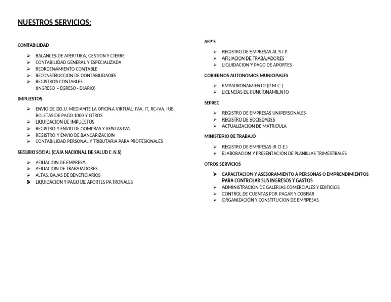 Servicios Contables y Tributarios Integrales | PDF | Contabilidad | Pagos