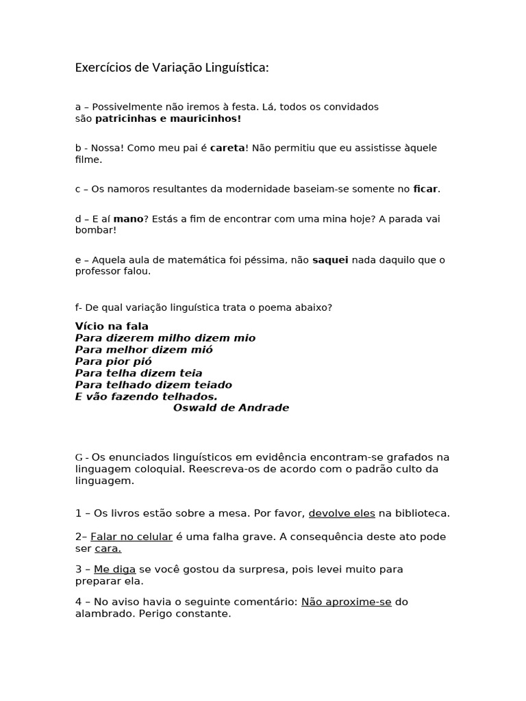 Exercícios de Variação Linguística | PDF