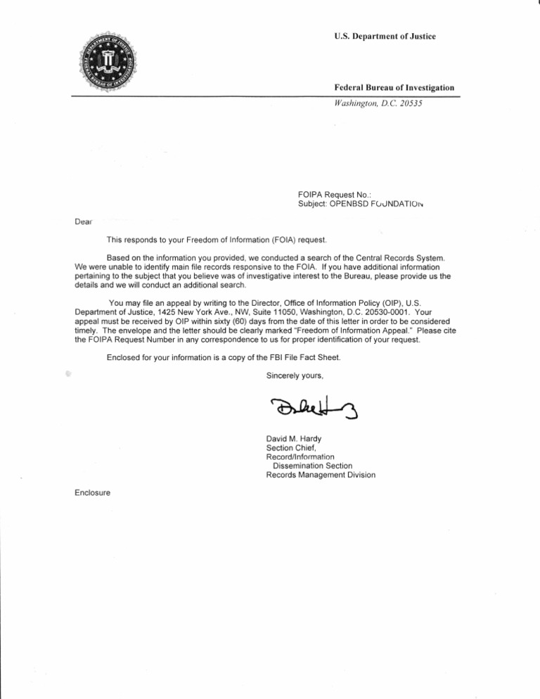FBI No Records Response Letter RE BSD Foundation