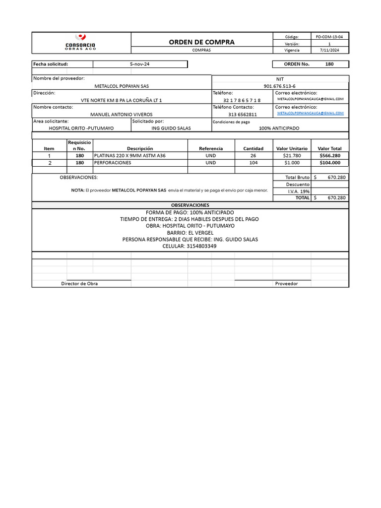 Orden de Compra Hospital Orito 2024 | PDF