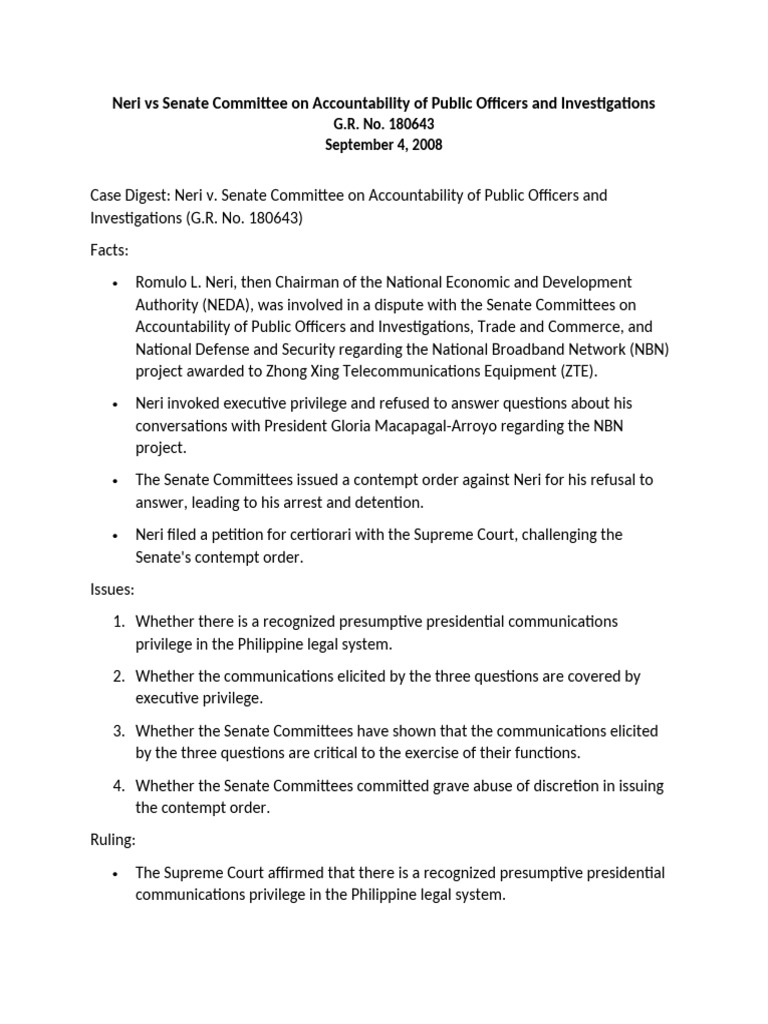 Neri v. Senate: Executive Privilege Ruling | PDF | Justice | Crime ...