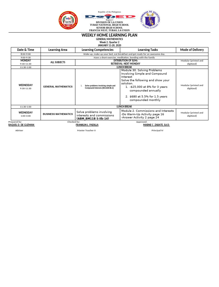 Weekly Home Learning Plan: General Math | PDF | Mathematics | Science