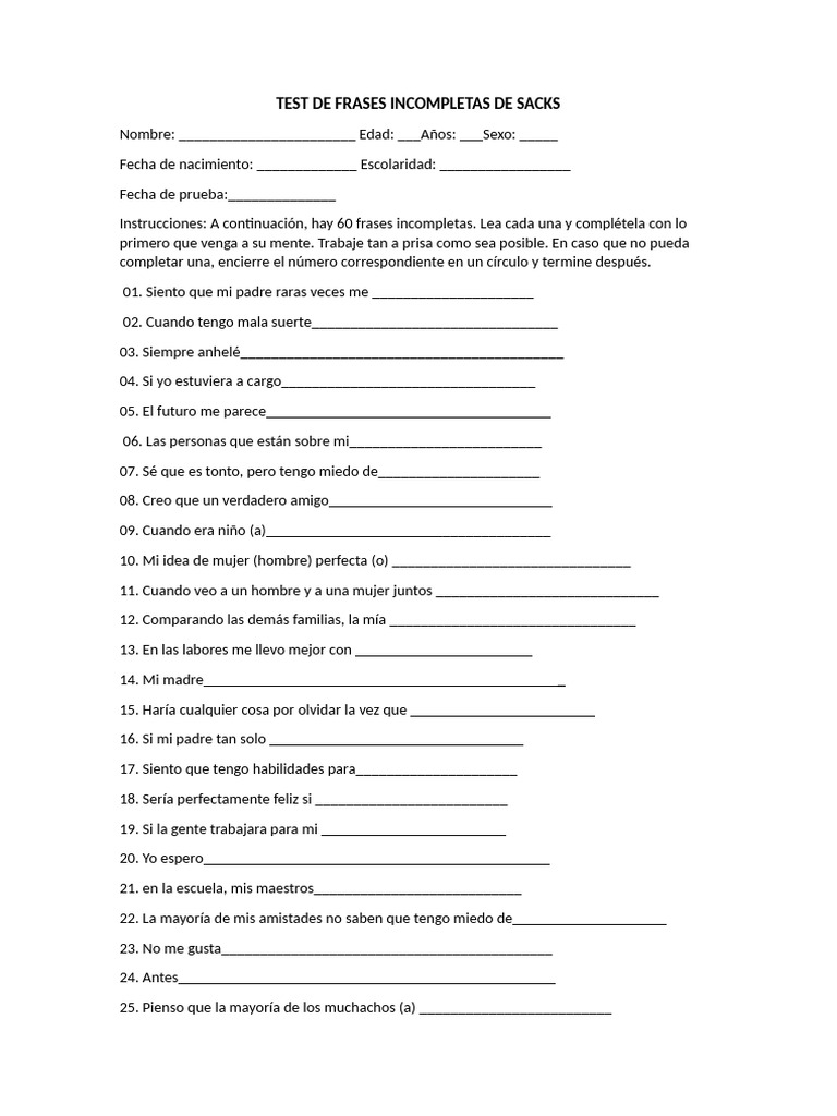 Test de Frases Incompletas Sacks | PDF | Crecimiento personal y ...