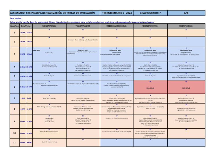 Assessment Calendar Term 1-2024 - Grade 7 | PDF