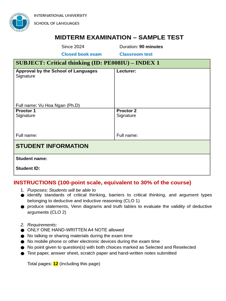 Critical Thinking Midterm Exam Sample | PDF | Argument | Logic