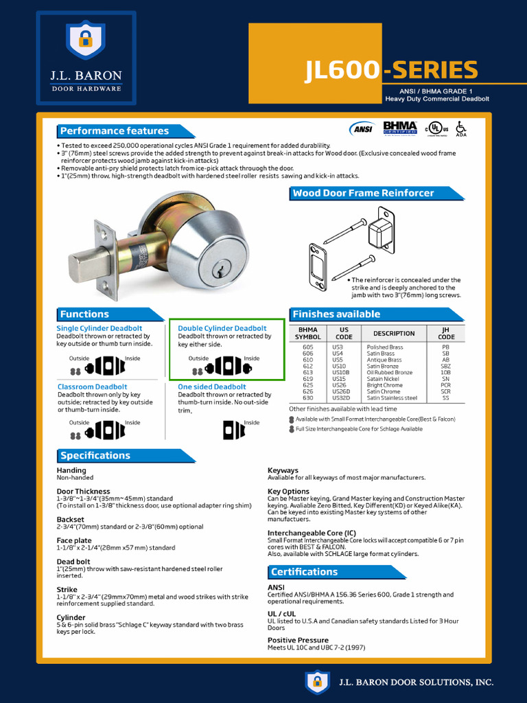 JL 600 Deadbolt Grade 1 | PDF