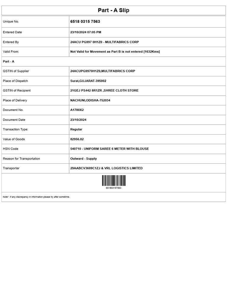 VRL Logistics Transport Bill for HSN 540710 | PDF