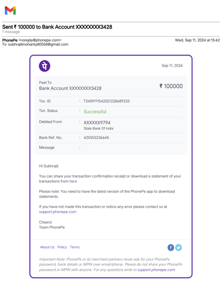 PhonePe Transaction Confirmation: ₹100,000 | PDF
