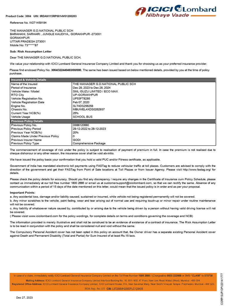 G.D. National Public School Insurance Policy | PDF | Insurance