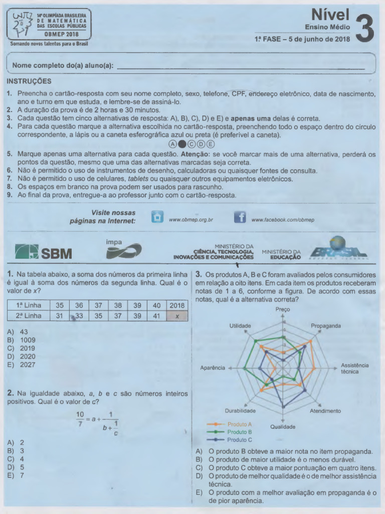 Obmep 2018 - 1 Fase - Nível 3 | PDF | Vértice (Geometria) | Polígono