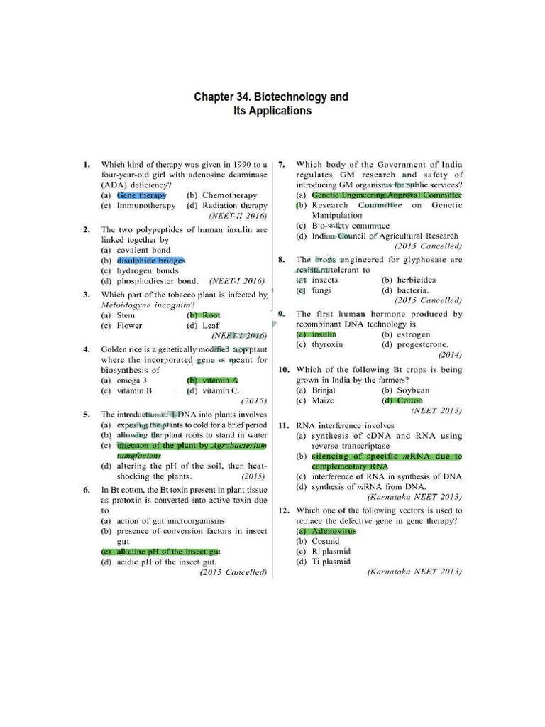 Biotechnology Applications Neet Questions | PDF