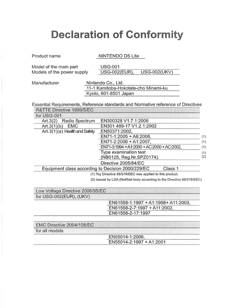 Nintendo DS Lite Declaration of Conformity | PDF