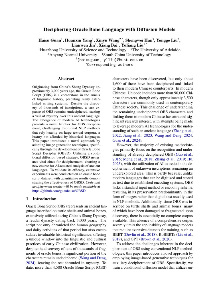 2024acl best deciphering oracle bone language with diffusion models