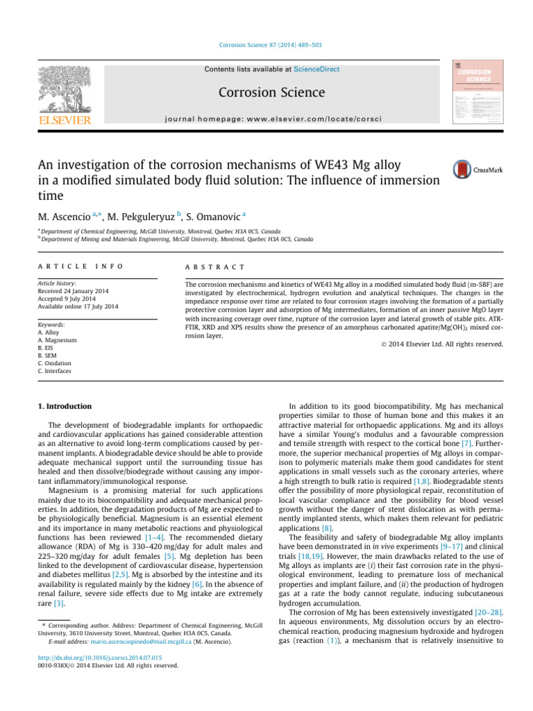 Corrosion Mechanisms of WE43 Mg Alloy | PDF | Corrosion | Magnesium