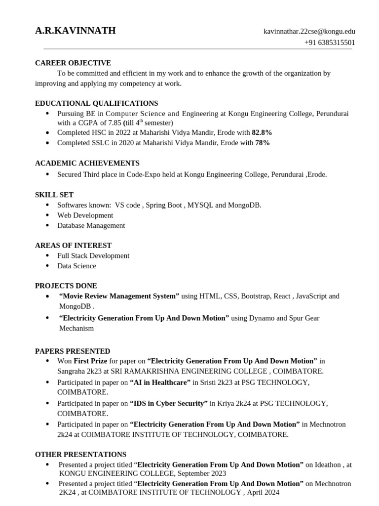 Kavinnath (22CSR094) Resume | PDF | Computing | Information Technology