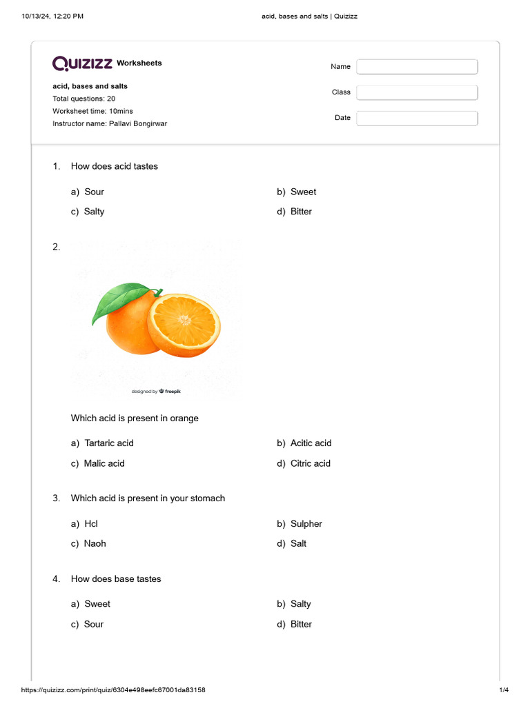Acid, Bases, and Salts Worksheet | PDF