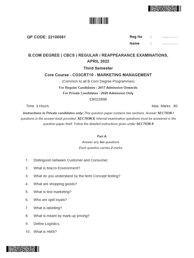 B.Com Marketing Management Exam Paper | PDF | Marketing | Pricing