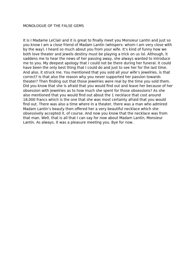 Monologue of The False Gems | PDF | Art | Mystery, Thriller & Crime Fiction