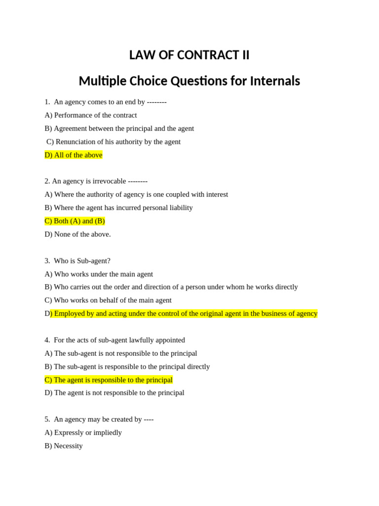 Contract Law MCQs for Internals | PDF | Guarantee | Partnership