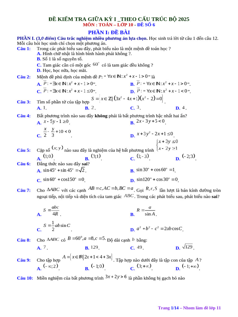 ĐỀ SỐ 6 - KTGK1-TOÁN 10 | PDF