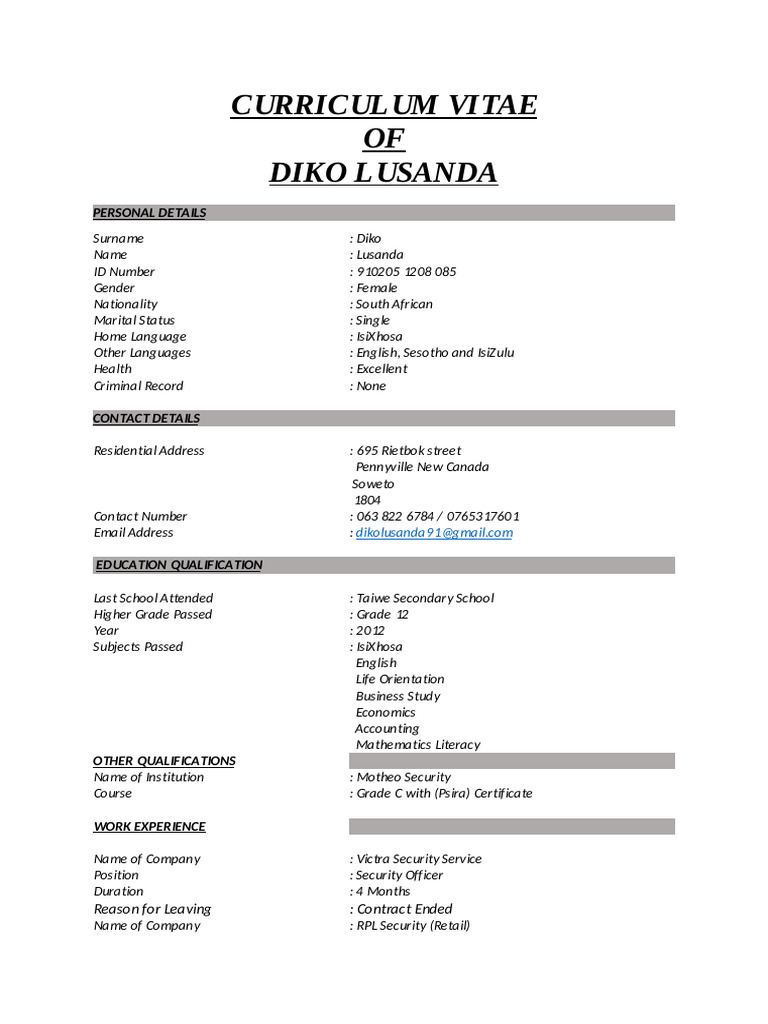 CV of Diko Lusanda - Security Officer | PDF