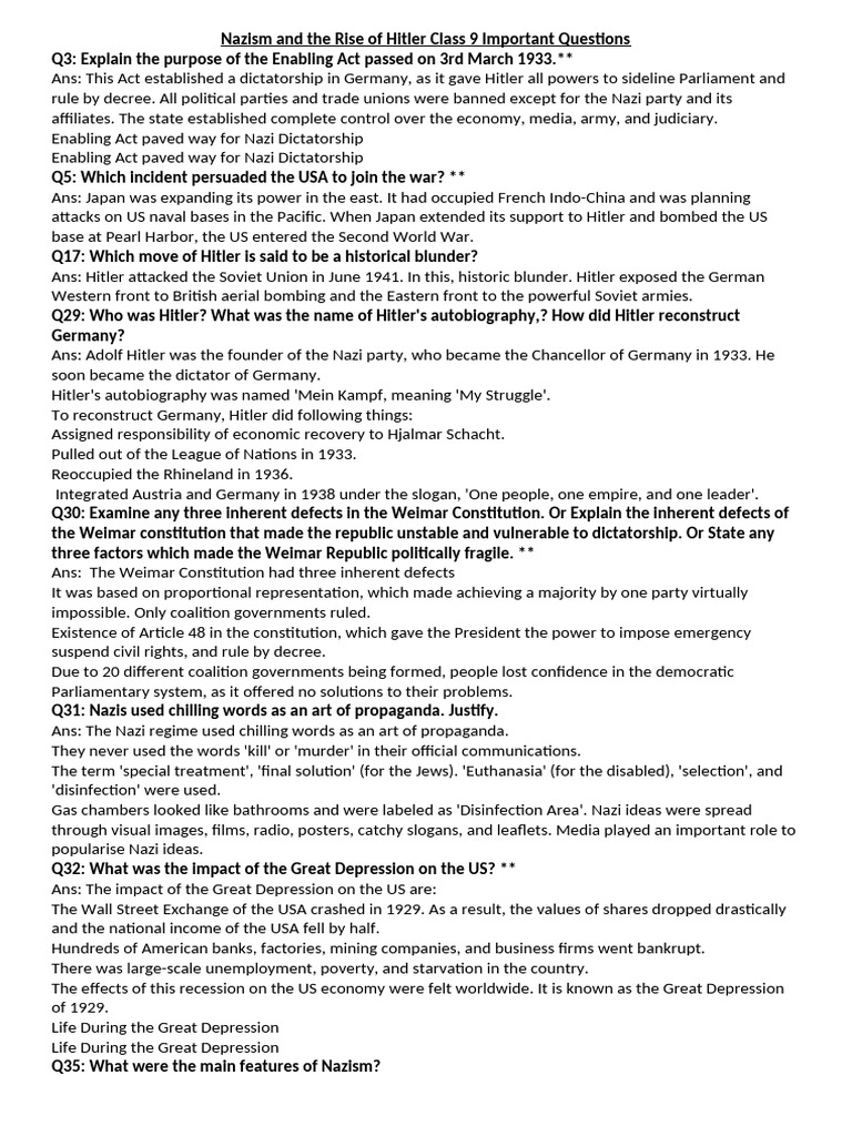 Class 9: Key Insights on Nazism and Hitler | PDF | Nazi Germany | Adolf ...
