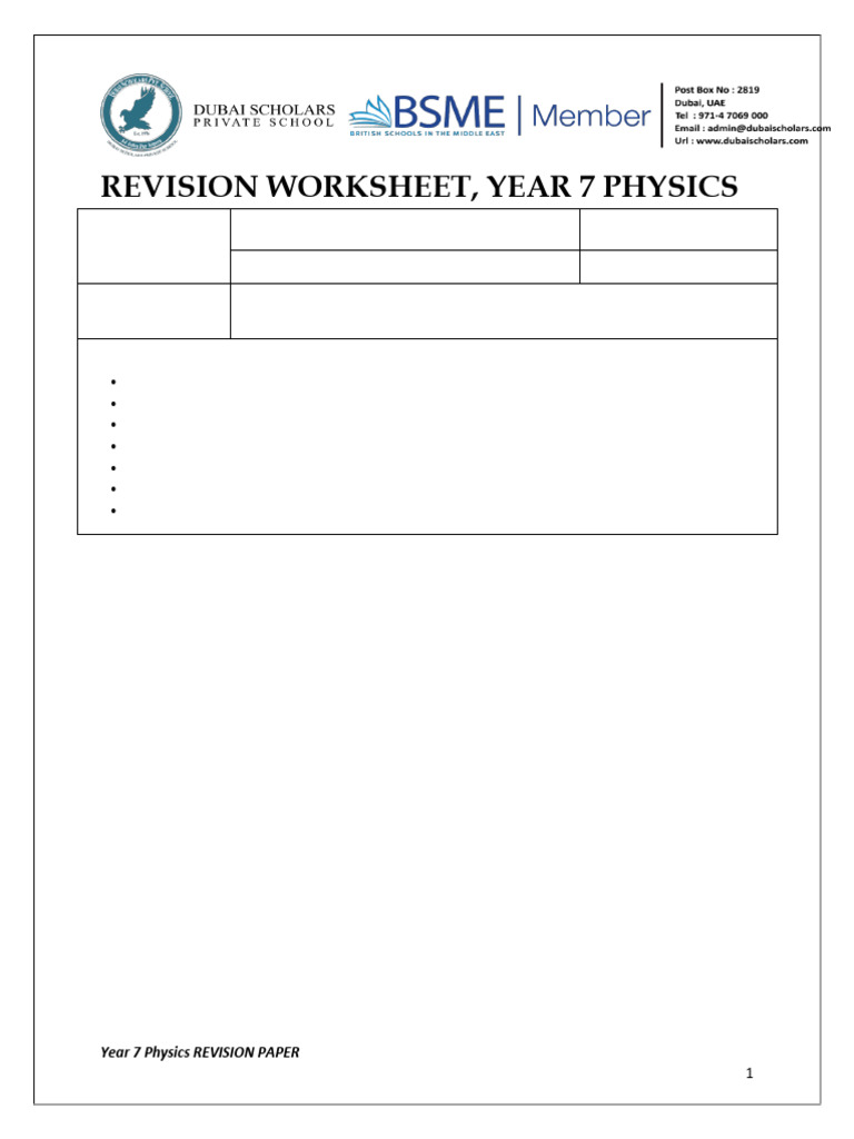 Year 7 Physics Revision Worksheet | PDF | Sound | Hearing