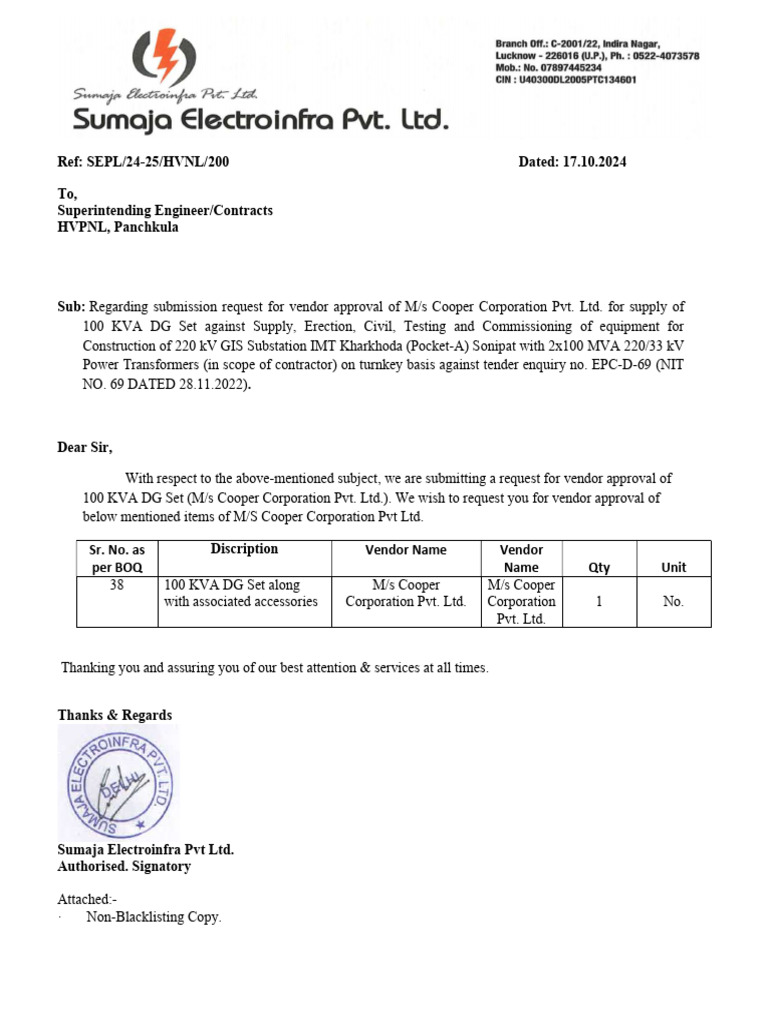 Vendor Approval Request for DG Set | PDF
