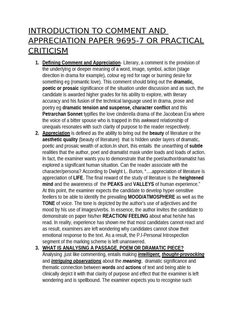 Guide to Comment and Appreciation in Literature | PDF | Poetry | Feeling