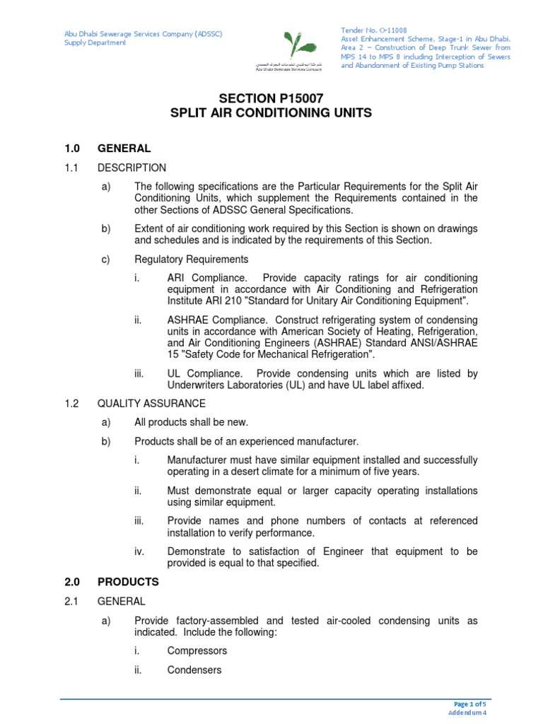 ADSSC Split AC Specs & Compliance | PDF | Sanitary Sewer | Air Conditioning